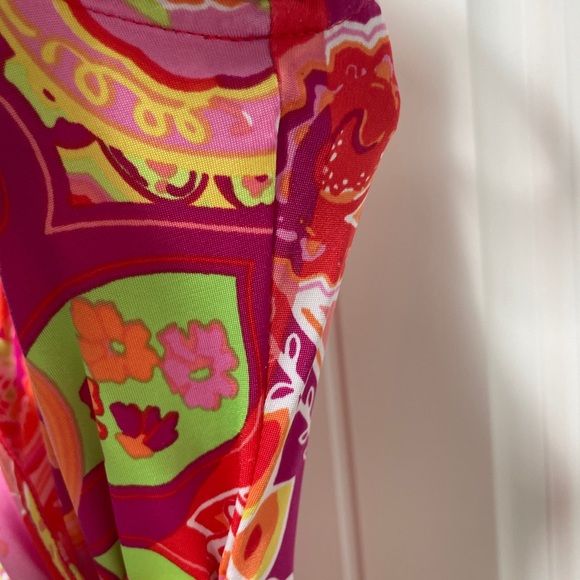 Chaps Sleeveless Faux Wrap, Midi V Neck Dress. Paisley Surplice Orange & Pink 🩷 - Picture 6 of 9